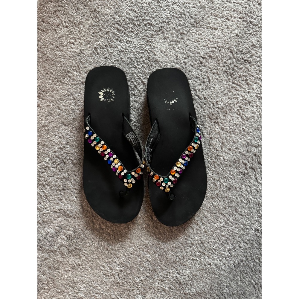 Yellow Box Ocarina Black Platform Flip Flops Multi Color Rhinestone Wedge Size 9 - Picture 2 of 6